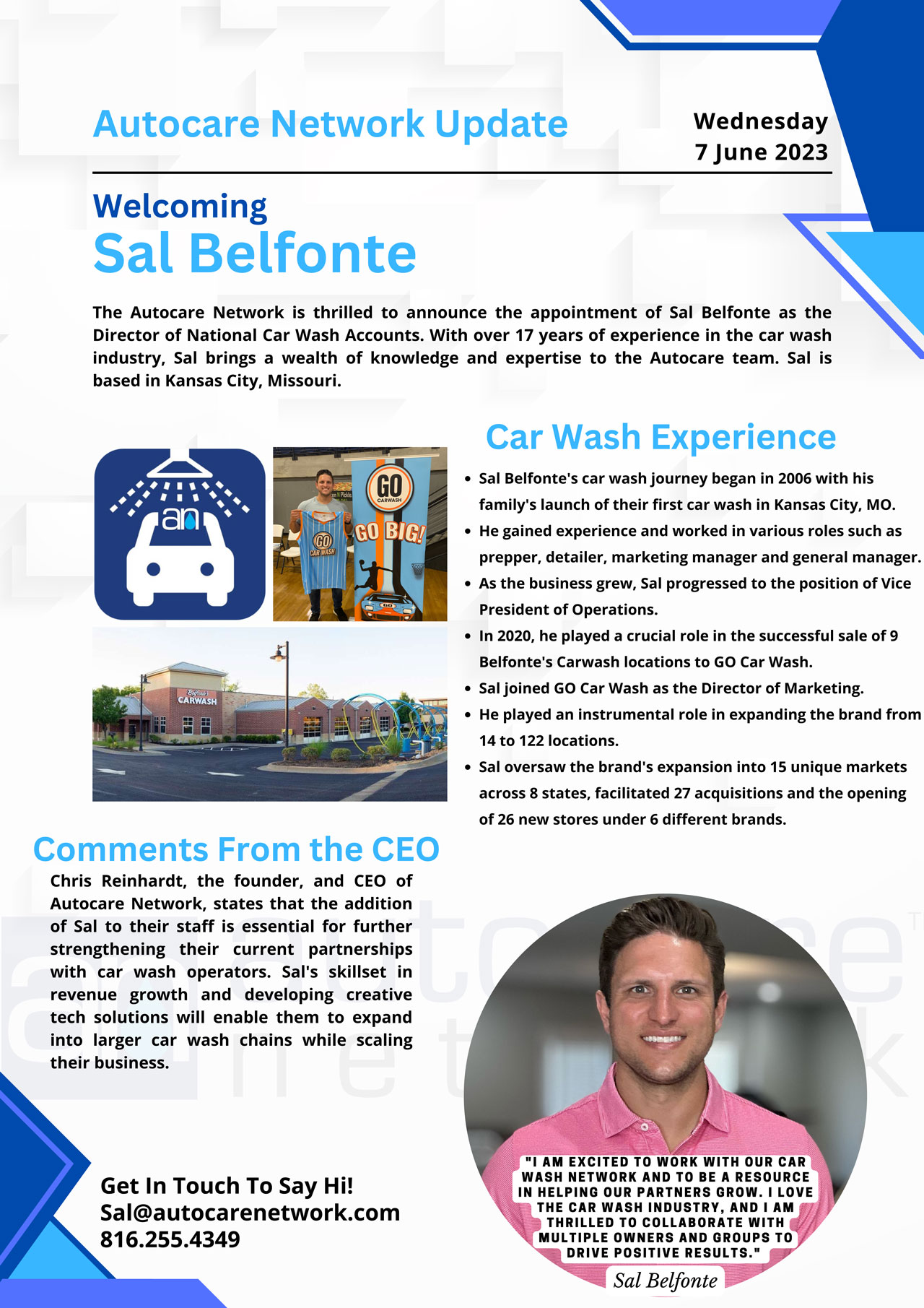 Welcome Sal-Belfonte, Director of Car Wash Accounts